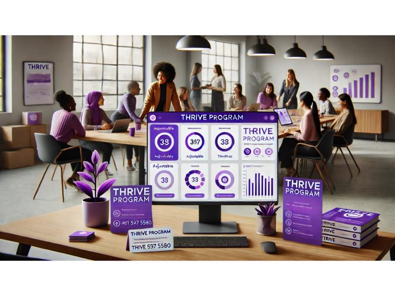 DALL·E 2024-11-15 03.23.07 - A modern office setting with a diverse group of women interacting around a customizable Thrive Program dashboard on a computer screen, featuring a pur DALL·E 2024-11-15 03.23.07 - A modern office setting with a diverse group of women interacting around a customizable Thrive Program dashboard on a computer screen, featuring a pur